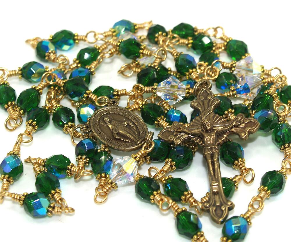 Hand-Made Five Decade Catholic Rosary, Golden Brass Wire Wrapped
